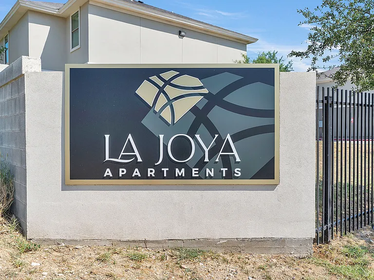 Monument sign for La Joya Apartments located in Laredo, Texas, clearly indicating the apartment complex's name