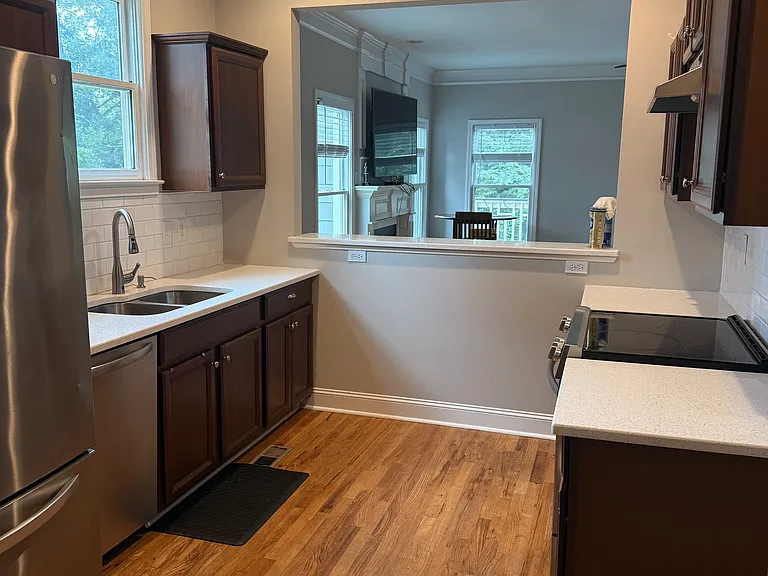kitchen with living room view
