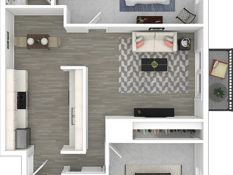 3D Furnished Two-Bedroom A Floor Plan 3D Furnished Two-Bedroom A Floor Plan