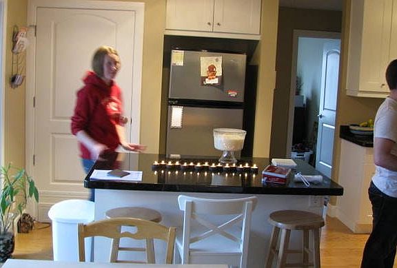 Kitchen island and refrigerator
