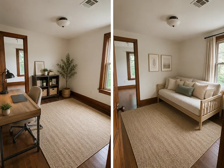 Middle upstairs walk through bedroom/office 8'8"x10' with 2'8"x5' closet (AI used to place furniture)