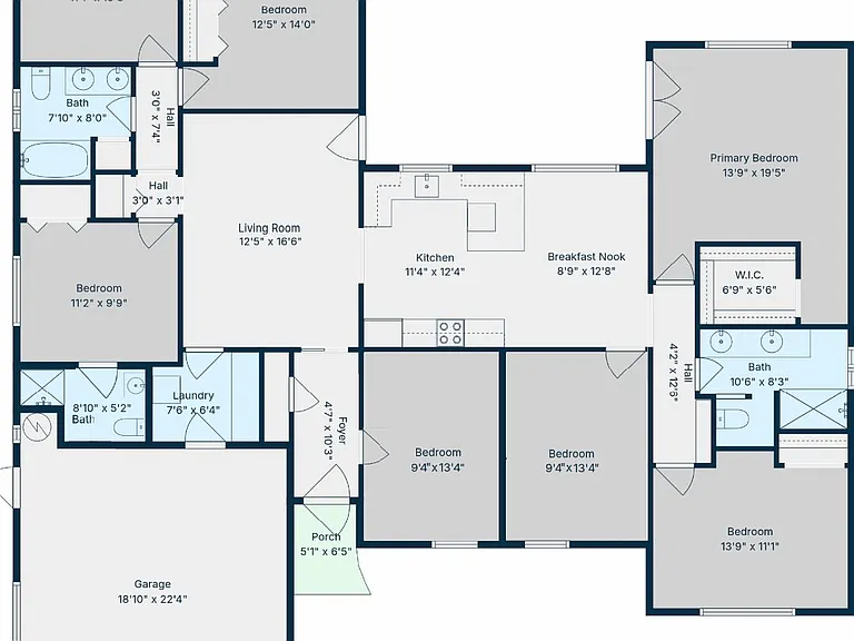 Detailed floor plan outlines the home's layout with multiple bedrooms, baths, kitchen, living room, and garage.