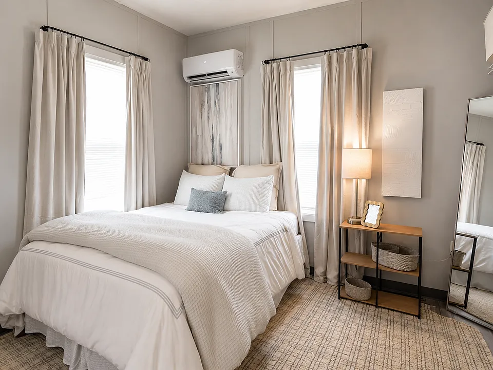 Spacious bedroom with ac wall unit.