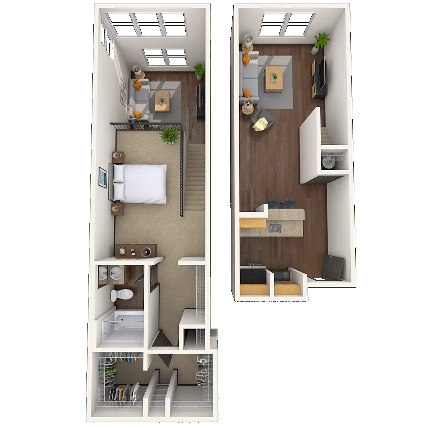 Floor plan Dual Level 1x1 616-880 SF