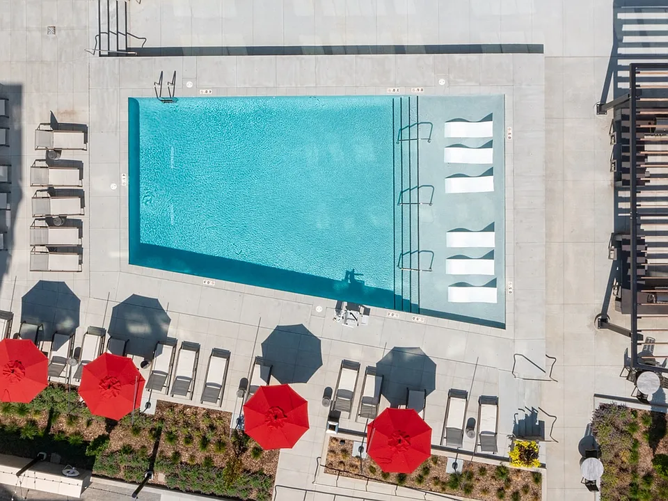 Bird's-eye view of Brickline's stunning rooftop pool deck, complete with vibrant red umbrellas and in-water loungers.