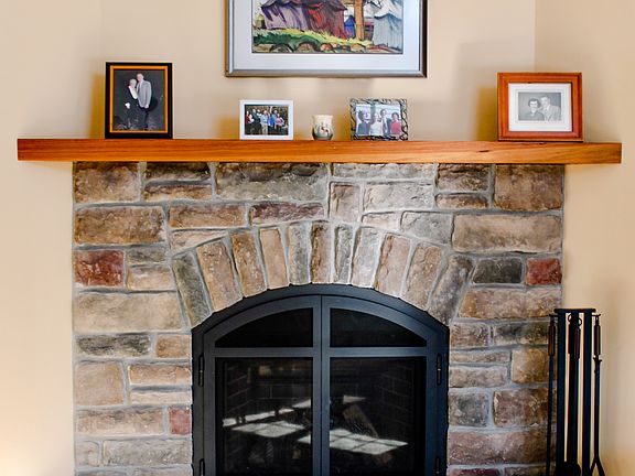 Stone faced gas fireplace