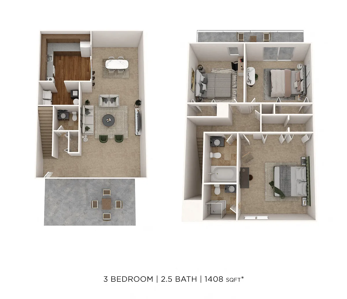 Floor plan Three Bedroom 2.5 Bath Townhome - 1,408 sqft