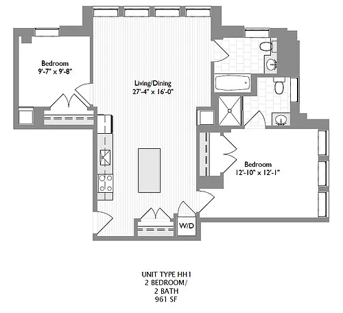 Floor plan 2-Bedroom 2-Bathroom 961 sqft