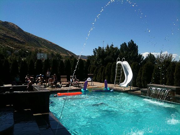 Pool, waterfall, spouts