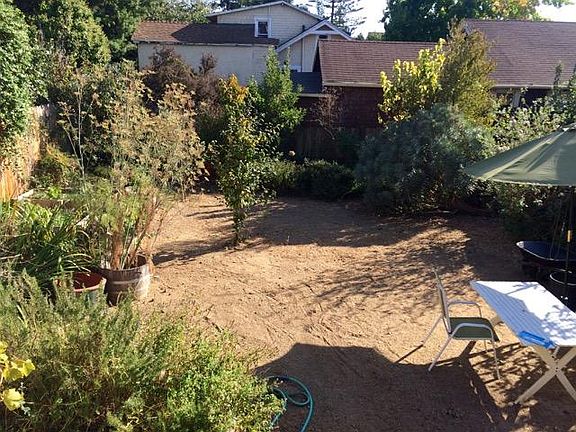 A lush and fun back yard. Room to entertain and a variety of unique fruit trees- olives, medlar, persimmon, pineapple guava and mulberry. 3 raised beds for row crops.