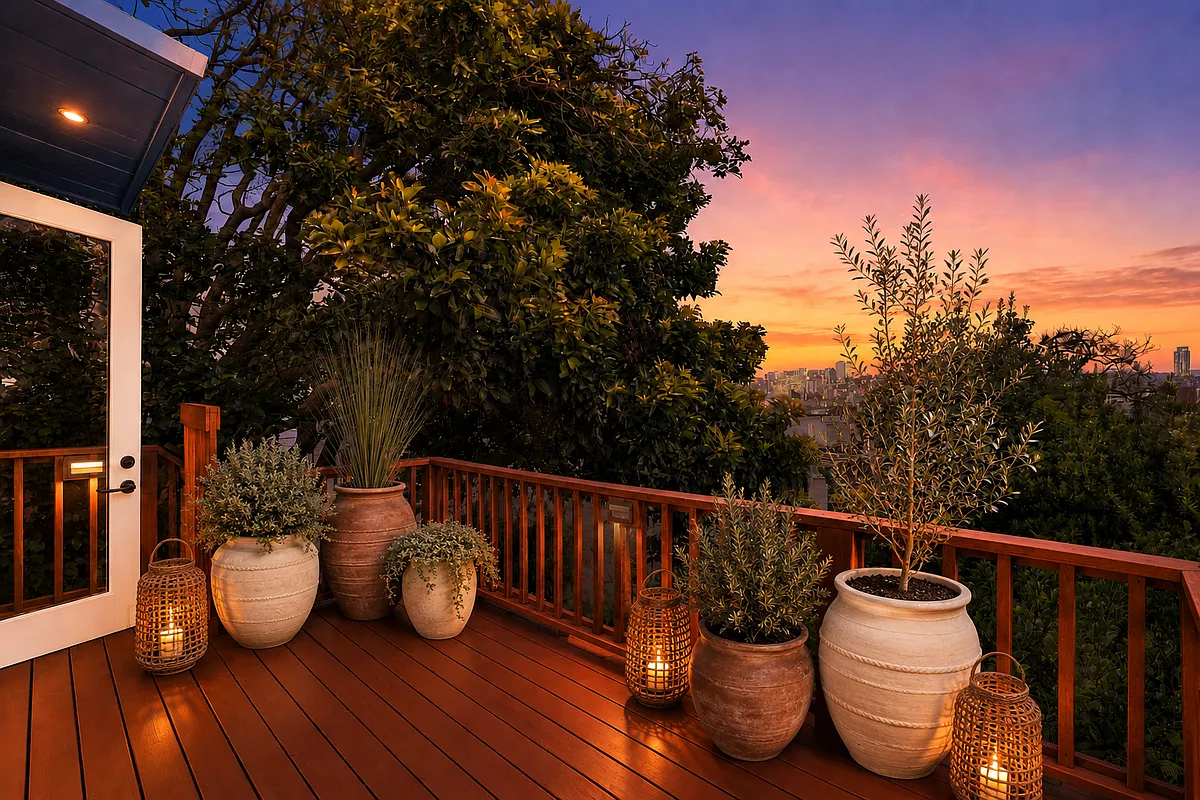 Private deck is staged to show how it was previously decorated. Private deck overlooking city skyline includes views of Transamerica Building, Saint Marys Cathedral, Salesforce, etc. - 1414 Lyon St