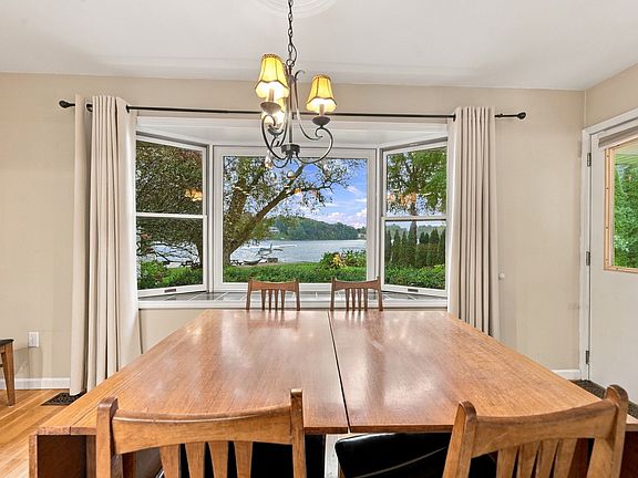 Dining area with view of lake.