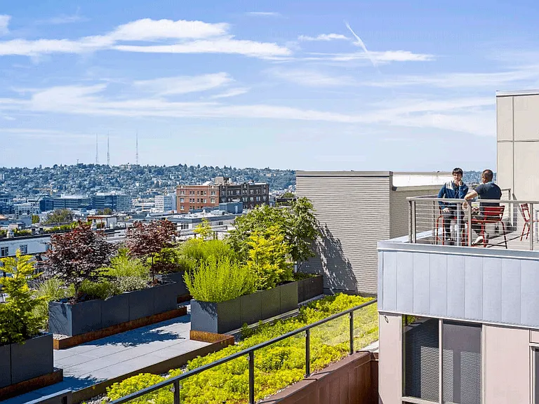 Residents Enjoying Rooftop Balcony Overlooking City Neighborhoods