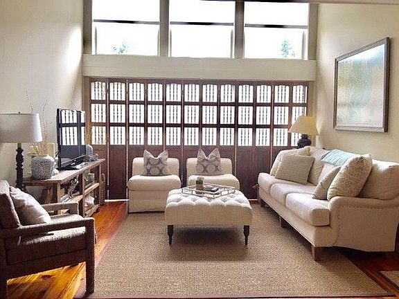 Living room with vaulted ceilings
