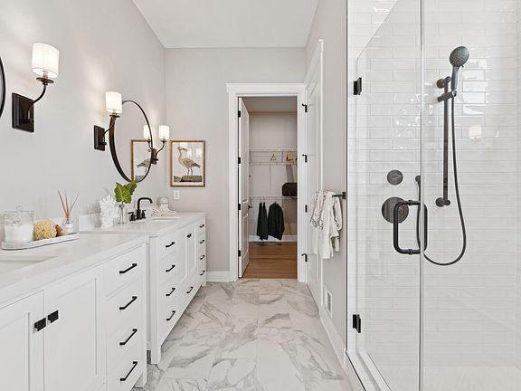 Primary bath with dual vanities matte black hardware