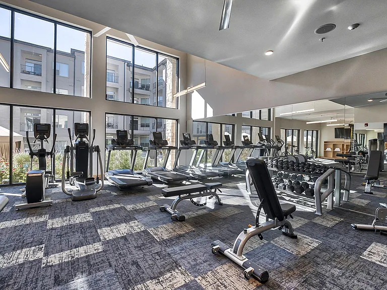 The 2-level 24/7 athletic center is outfitted with superior cardio theater, free weights, individual weight machines and WELLBEATS virtual fitness classes