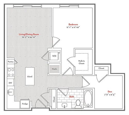 Floor plan 1 Bed 1 Bath Den-DND