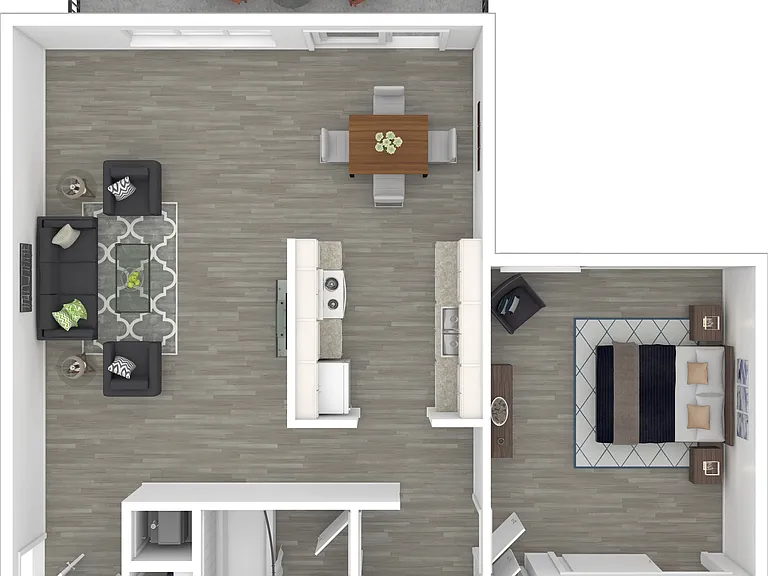 One-Bedroom, One-Bathroom - 3D Furnished Floor Plan One-Bedroom, One-Bathroom - 3D Furnished Floor Plan