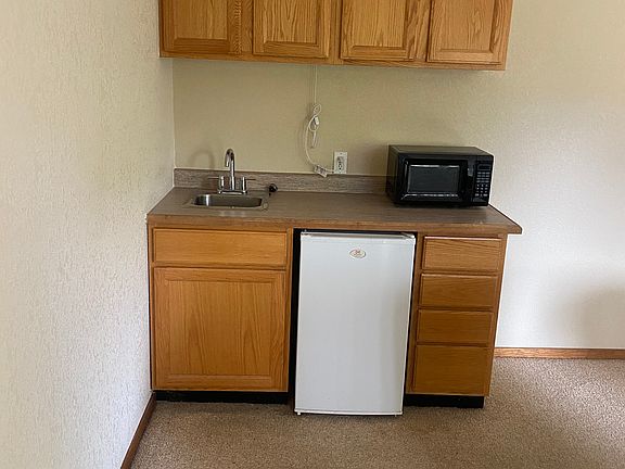 1st floor room has bar sink and cabinets, and mini fridge.