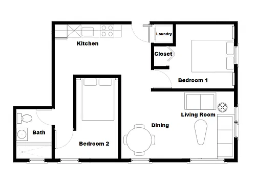 Floor plan Low Rise Apartment 2 Bed 1 Bath 2