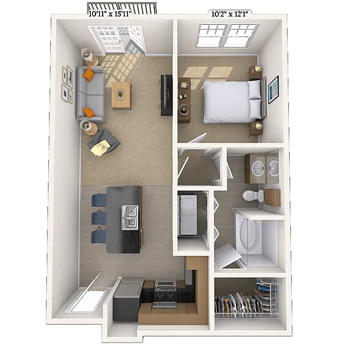 Floor plan Traditional 1x1 657-743 SF