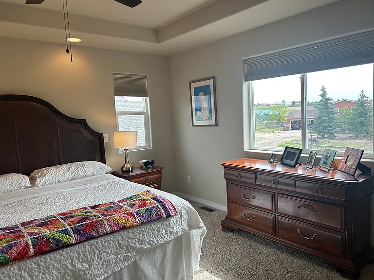 The primary bedroom is light and bright. Beautiful blinds and fans are throughout the house!
