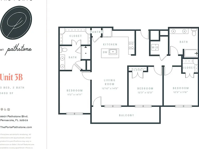 The Porte, 3B, this home includes three spacious bedrooms, a large kitchen and living and seperate laundry room.