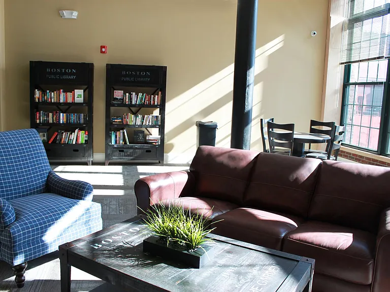 Library with fireplace