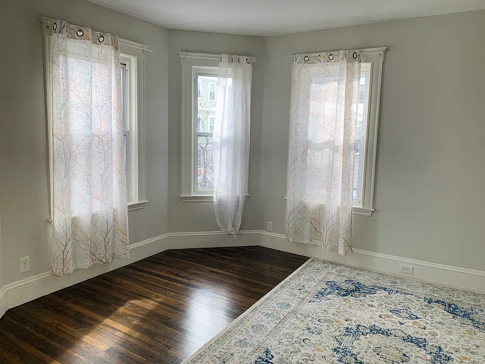 Living room with curtains and rug