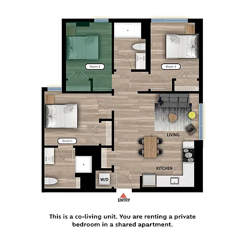 Floor plan Private Bed in a 3 Bed 2 Bath B - RM2
