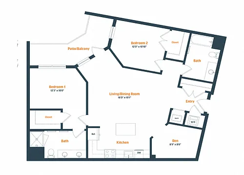 Floor plan B21D HP | 2 Bed | 2 Bath | Den