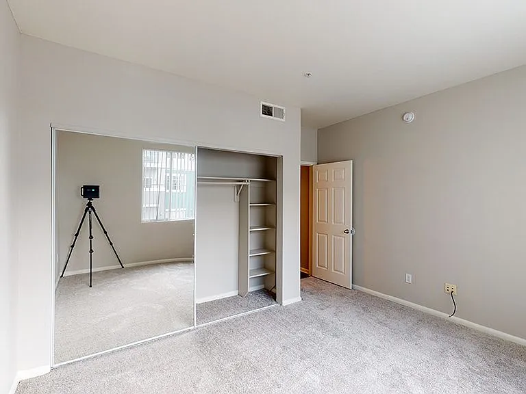 Spacious apartment bedroom with plush carpet flooring.