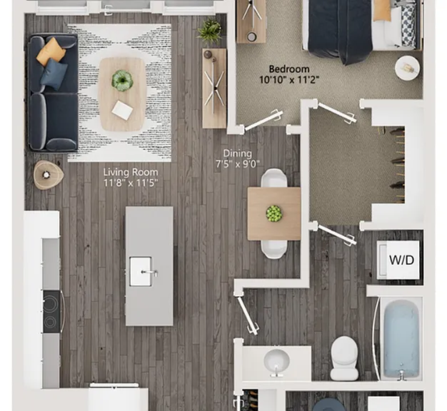 Elegant 1-bedroom floor plan featuring an open living room, modern kitchen, cozy dining area, and a balcony. Includes a bathroom, and in unit washer/dryer, at The Richmond Apartments in SLC. Elegant 1-bedroom floor plan featuring an open living room, mode