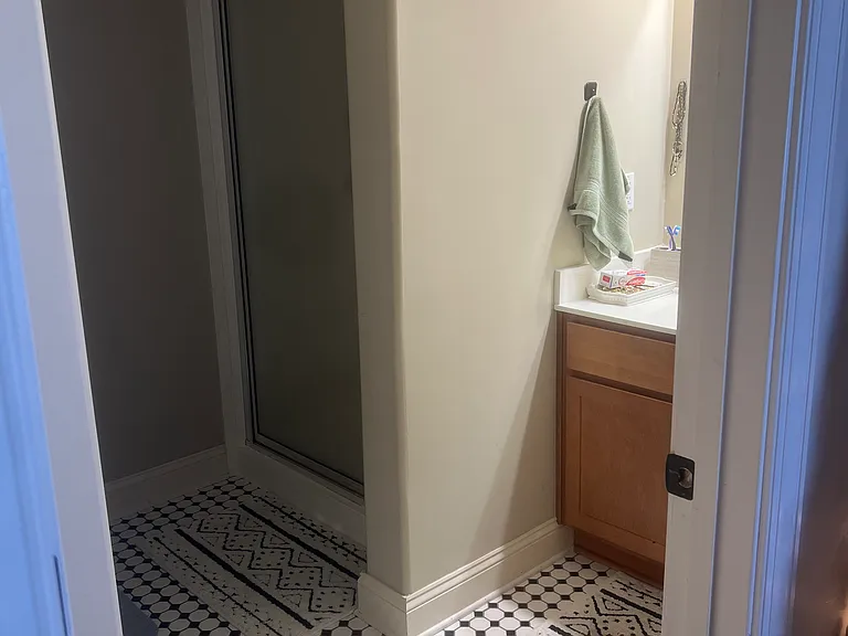 Another photo of the bathroom. There is no tub; only a shower.