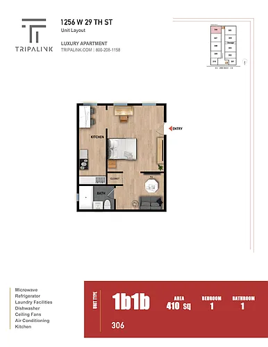 Floor plan 1 Bed 1 Bath - 410 sqft