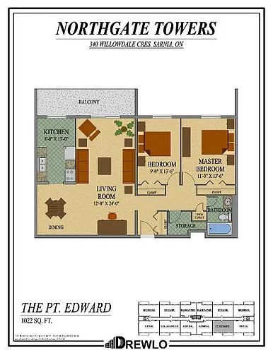 Floor plan Point Edward 2 Bed 1 Bath