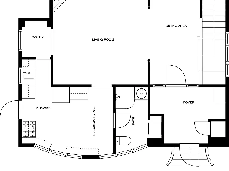 First floor plan. Washer dryer in bathroom.