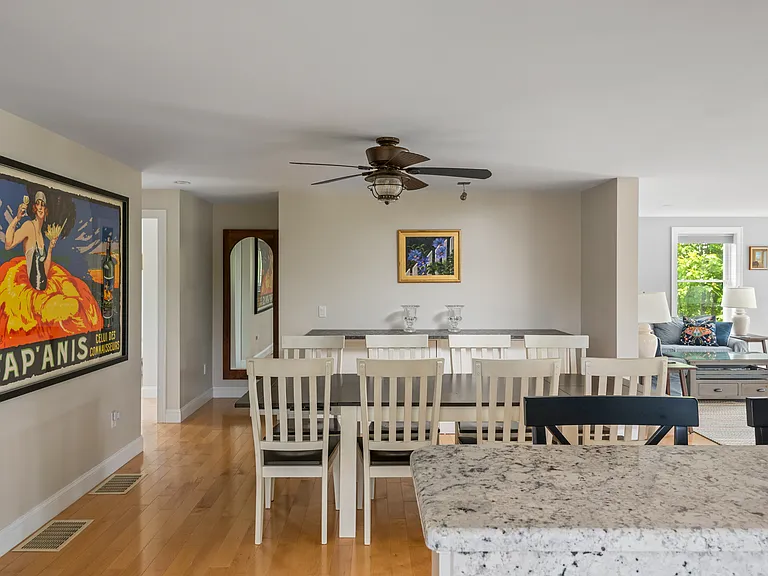 the kitchen and the open plan dining room
