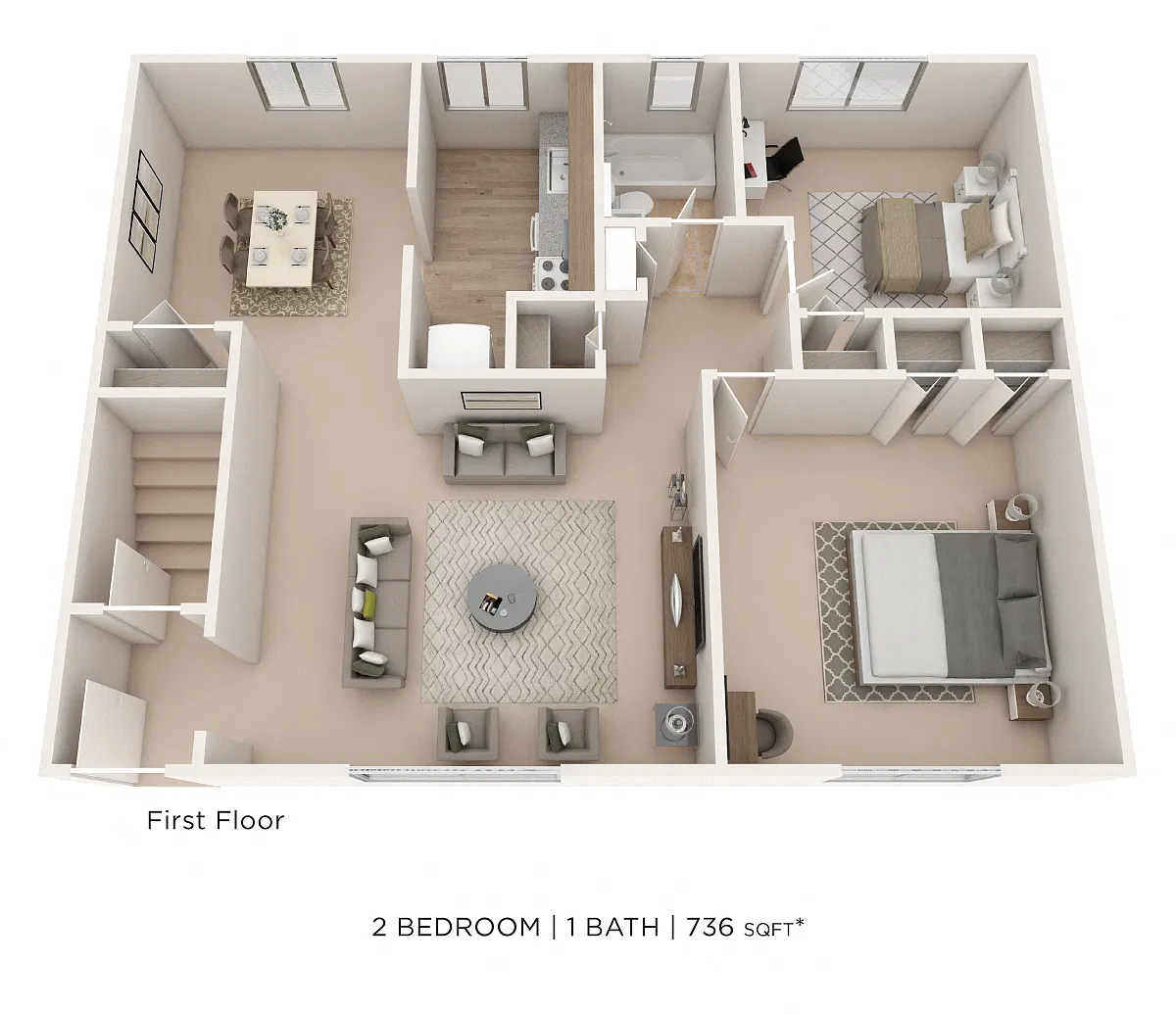Floor plan Two Bedroom- 736 sqft