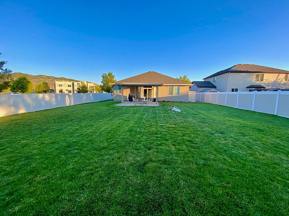 Backyard with covered patio. Cute dog not included.