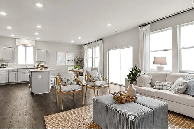 Open floor plan with living room, dinning room and kitchen area. And with direct southern exposure, and forest & valley views.