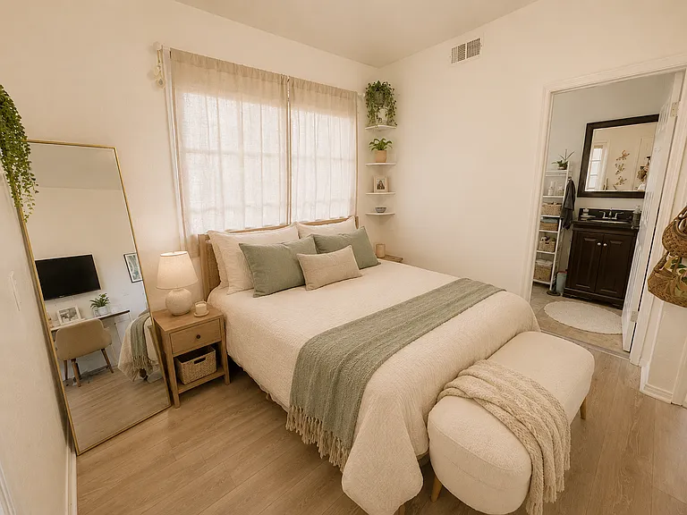 top floor bedroom - Virtually staged to showcase the home's layout with furnishings and highlight the potential look and feel of the furnished option.