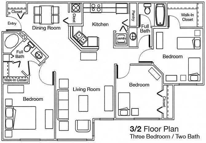 Floor plan Three Bedroom Two Bathroom 60%