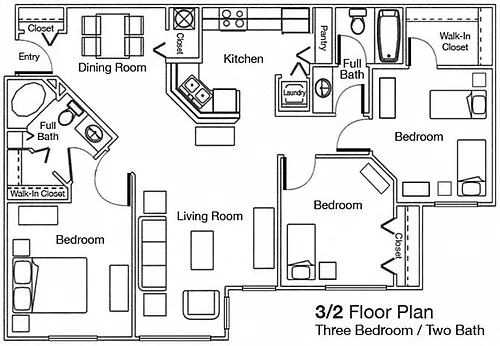 Floor plan Three Bedroom Two Bathroom 60%