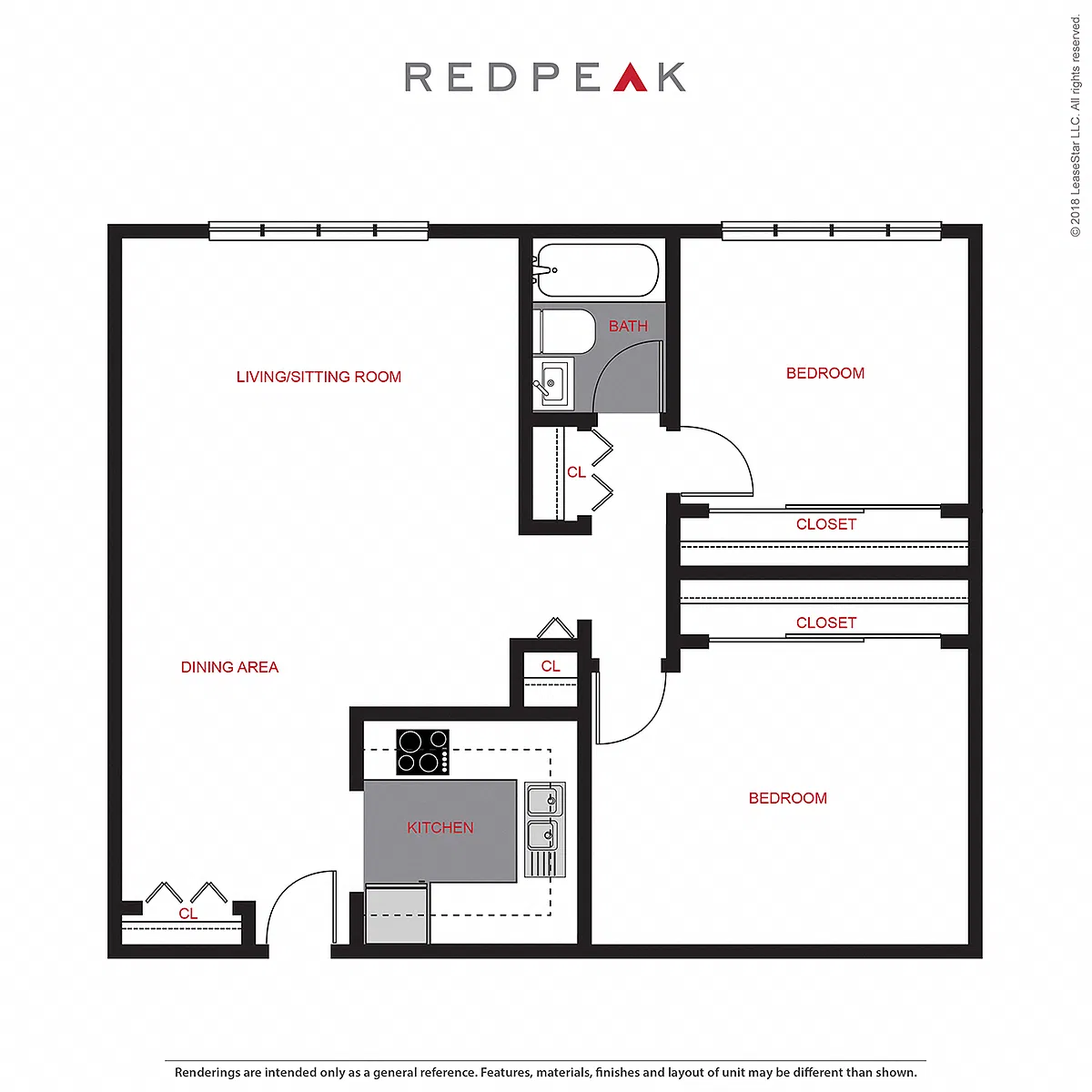 Floor plan B1 - 2 Bed / 1 Bath (730 sf)