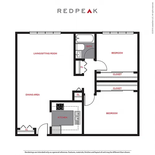 Floor plan B1 - 2 Bed / 1 Bath (730 sf)