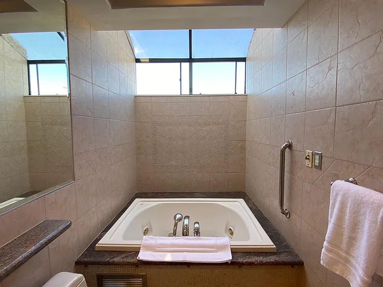 Gorgeous jetted tub right under skylight!