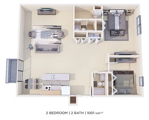 Floor plan Two Bedroom 2 Bath - 1,001 sqft