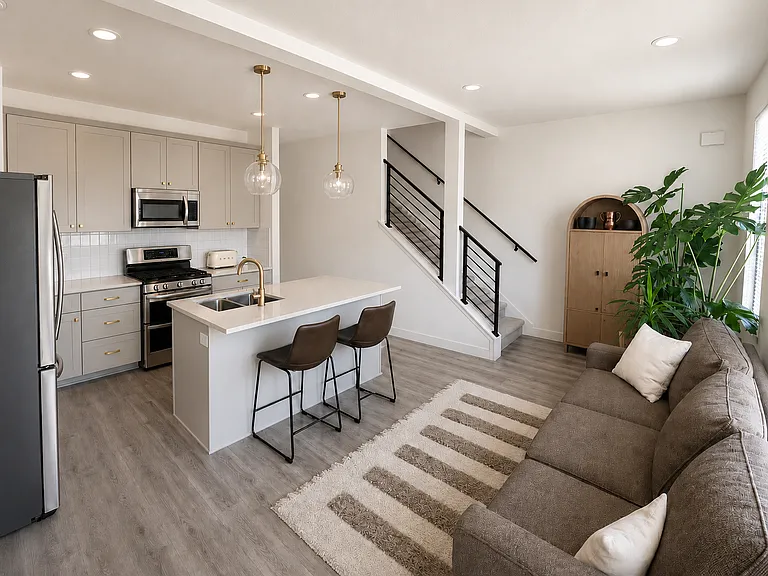 Open and modern kitchen with living space.