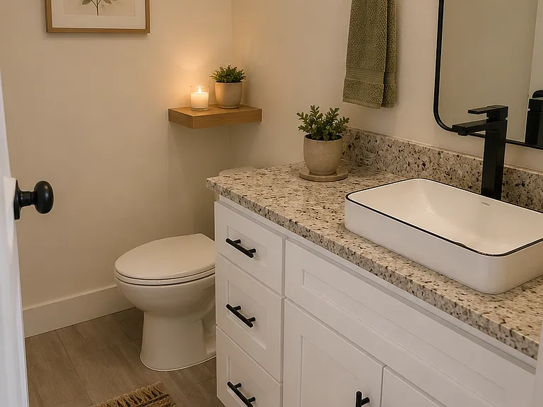 Downstairs powder bathroom.
Images are rendered with AI to show potential layout and staging.
